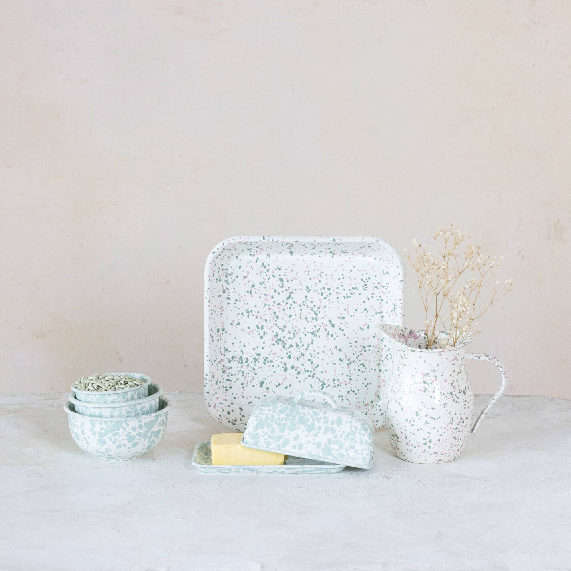 Hello Honey® 6.5" Mint & Pink Splatterware Enameled Metal Pitcher